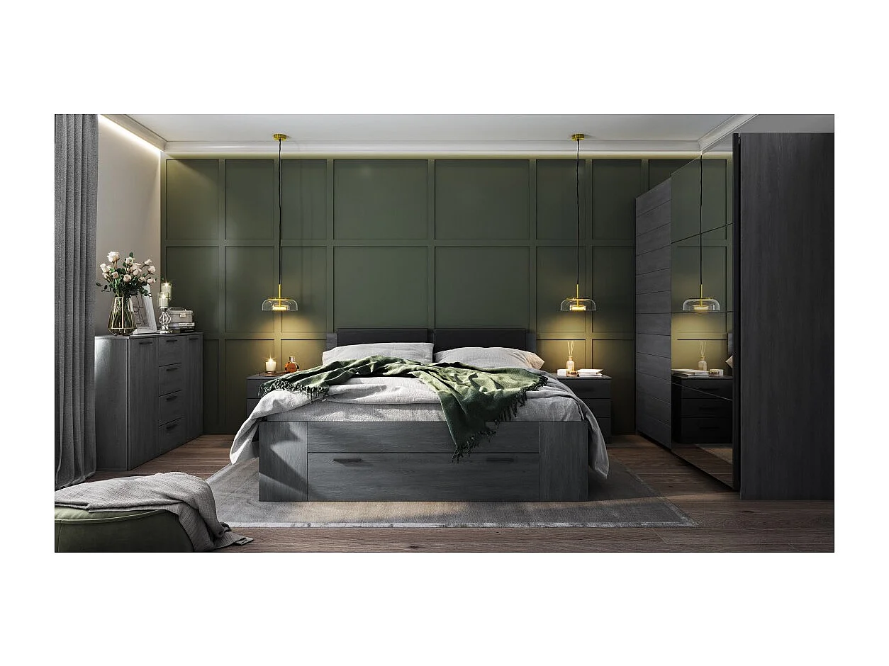 Mesa de cabeceira com três gavetas, coleção FLOYD. Cor cinza com efeito de madeira.