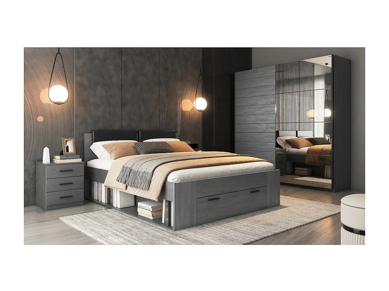 Table de chevet FLOYD – 3 tiroirs – Gris effet bois