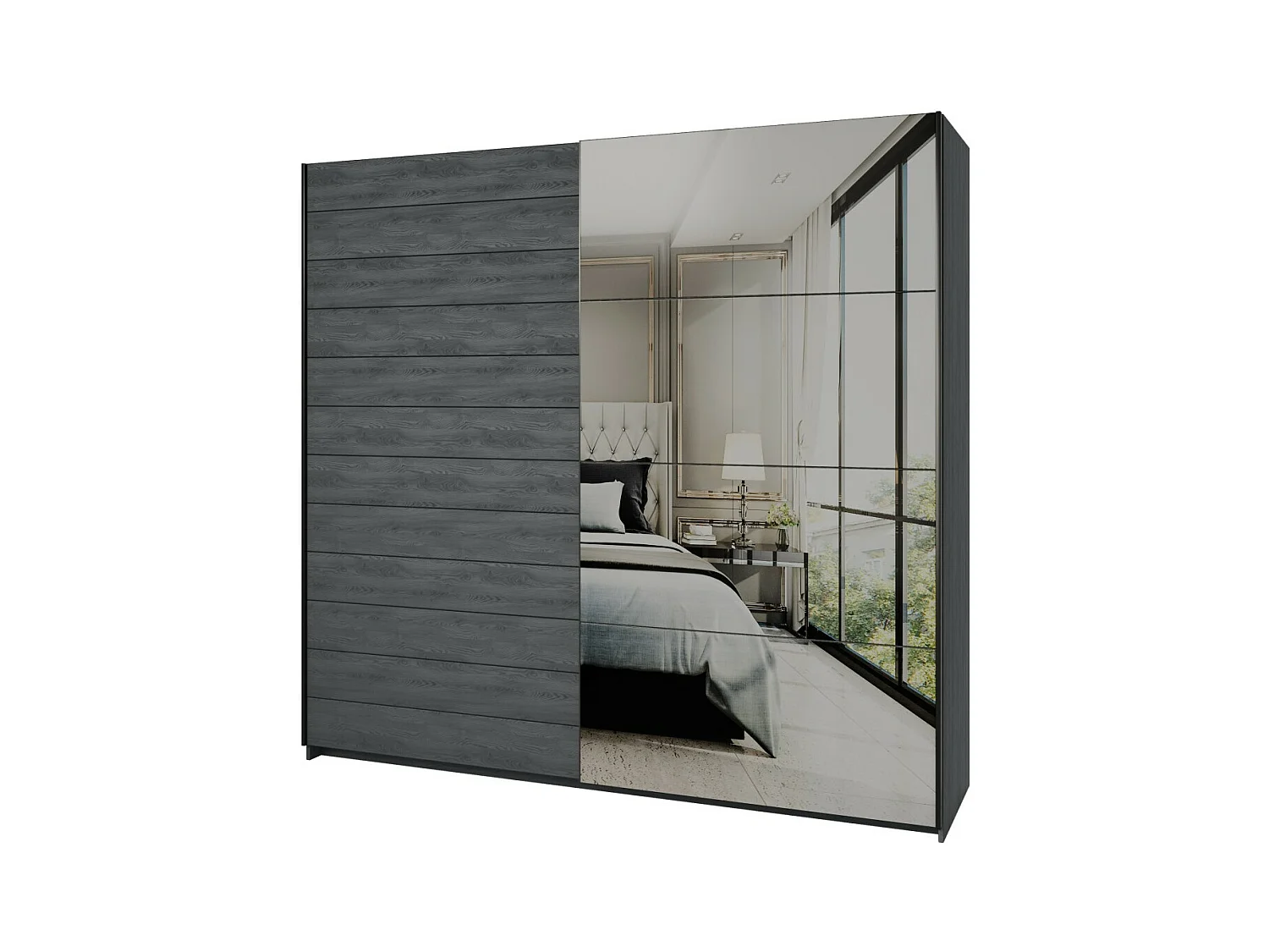 Armoire 2 portes coulissantes 220cm Coloris gris effet bois avec miroir. Collection FLOYD