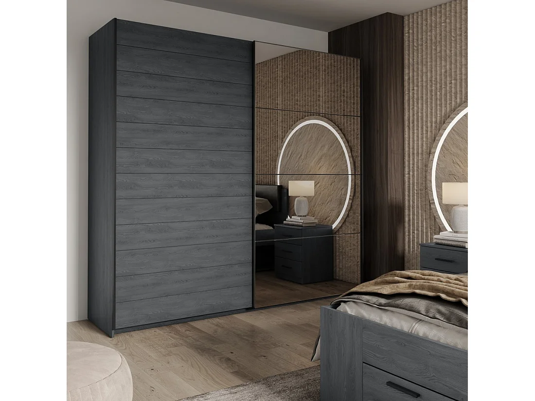 Kledingkast met 2 schuifdeuren 220cm Grijs hout effect met spiegel. Collectie FLOYD