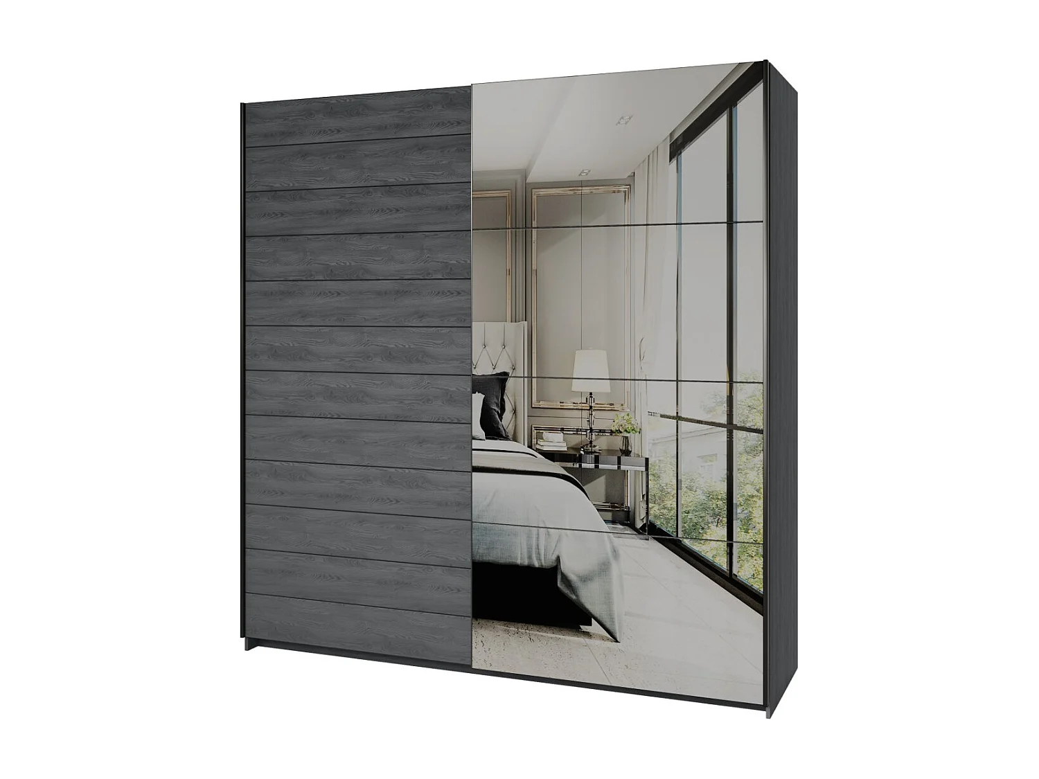 Schwebetürenschrank 200cm in Holzoptik, grau mit Spiegel. Kollektion FLOYD