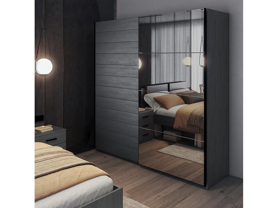 Schwebetürenschrank 200cm in Holzoptik, grau mit Spiegel. Kollektion FLOYD