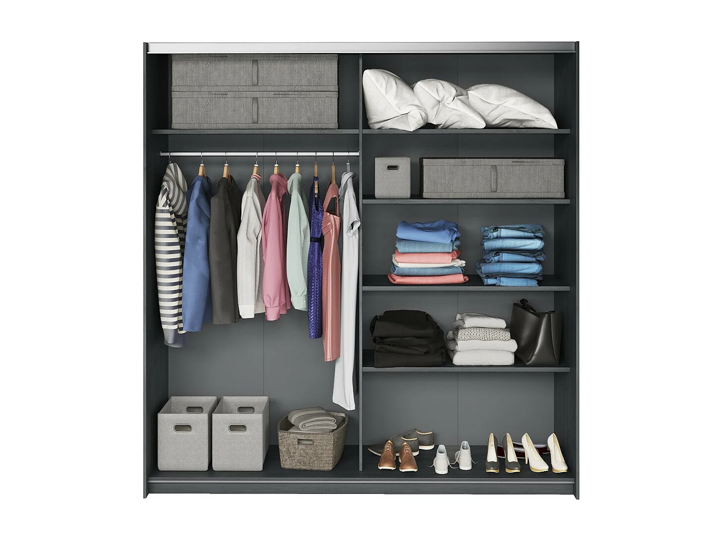 Schwebetürenschrank 200cm in Holzoptik, grau mit Spiegel. Kollektion FLOYD