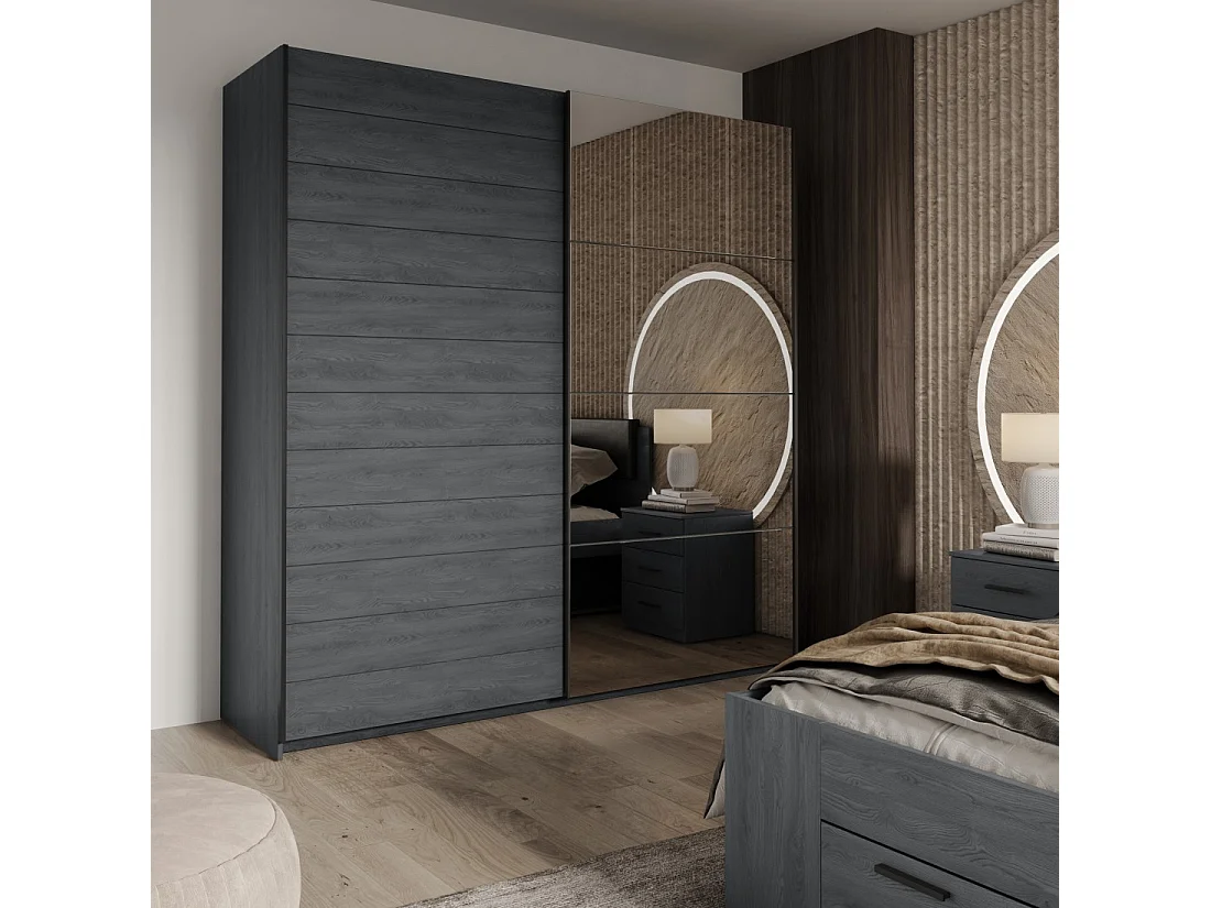 Schwebetürenschrank 200cm in Holzoptik, grau mit Spiegel. Kollektion FLOYD
