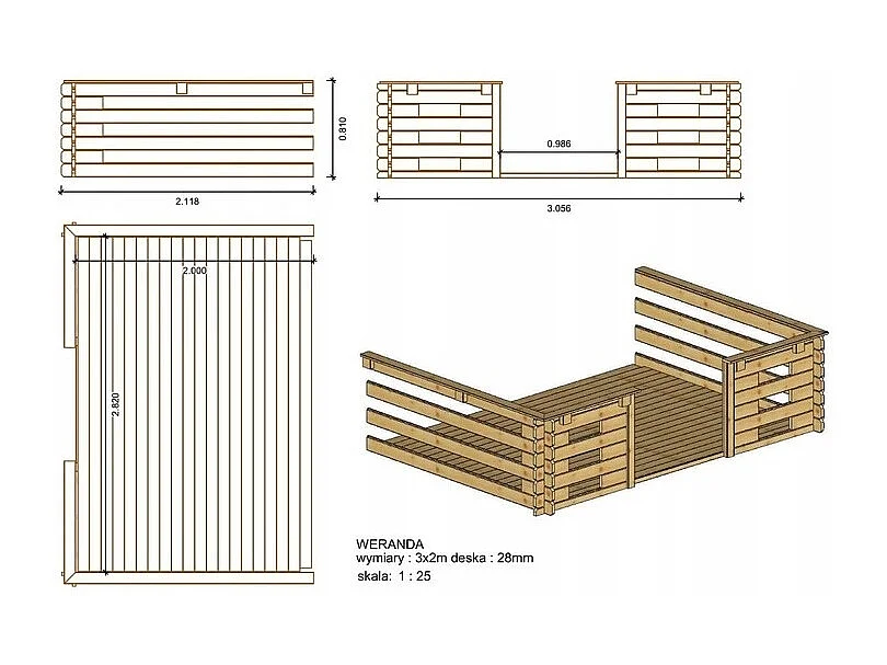 Terrasse en bois avec balustrade pour abri en bois - 6m2 - 3m x 2m - couleur: naturel - DOM142 - ALTANKA