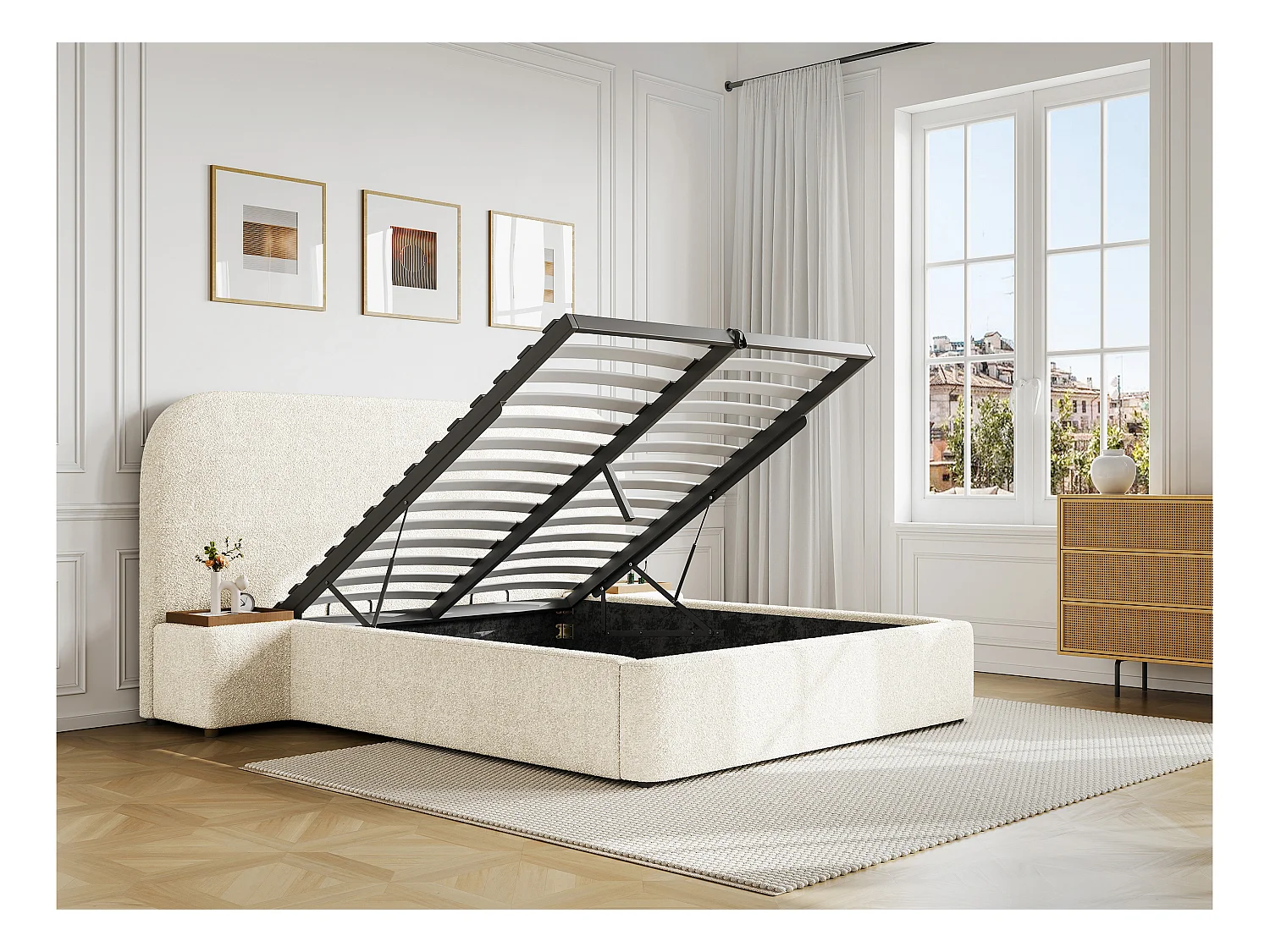 Bed met opbergruimte, 160 x 200 cm met nachtkastjes - Boucléstof - Wit + matras - ESTERIA van Maison Céphy