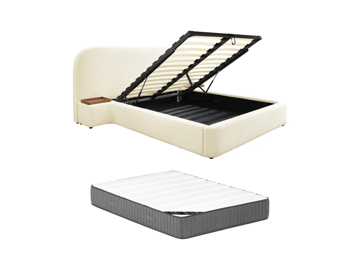 Lit coffre 160 x 200 cm avec chevets - Tissu bouclette - Blanc + Matelas - ESTERIA de Maison Céphy