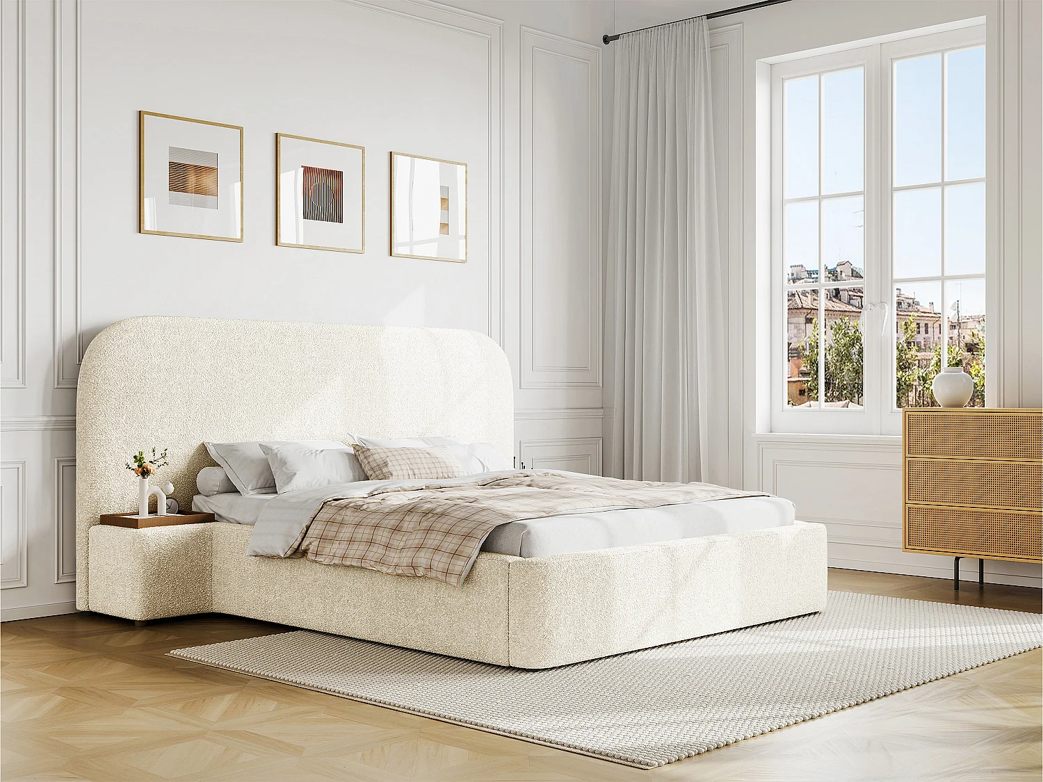 Bed met opbergruimte, 160 x 200 cm met nachtkastjes - Boucléstof - Wit + matras - ESTERIA van Maison Céphy