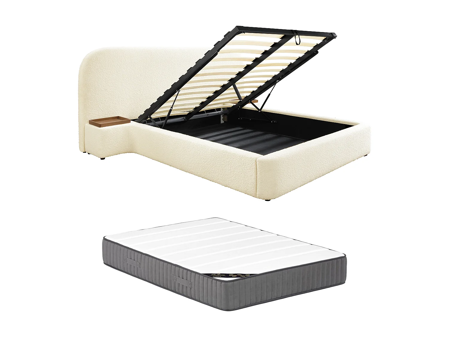 Cama com espaço de arrumação 180x200 cm com mesas de cabeceira tecido bouclé branco + colchão - ESTERIA de Maison Céphy