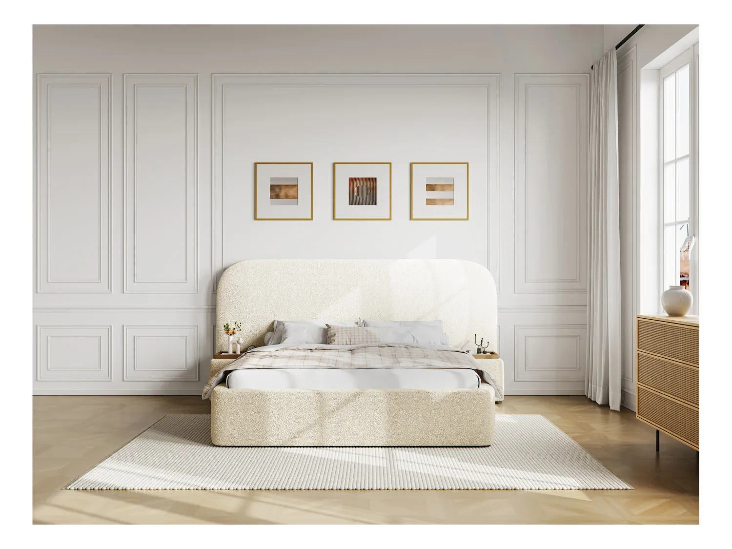 Bett mit Bettkasten mit Nachttischen + Matratze - 180 x 200 cm - Bouclé-Stoff - Weiß - ESTERIA von Maison Céphy