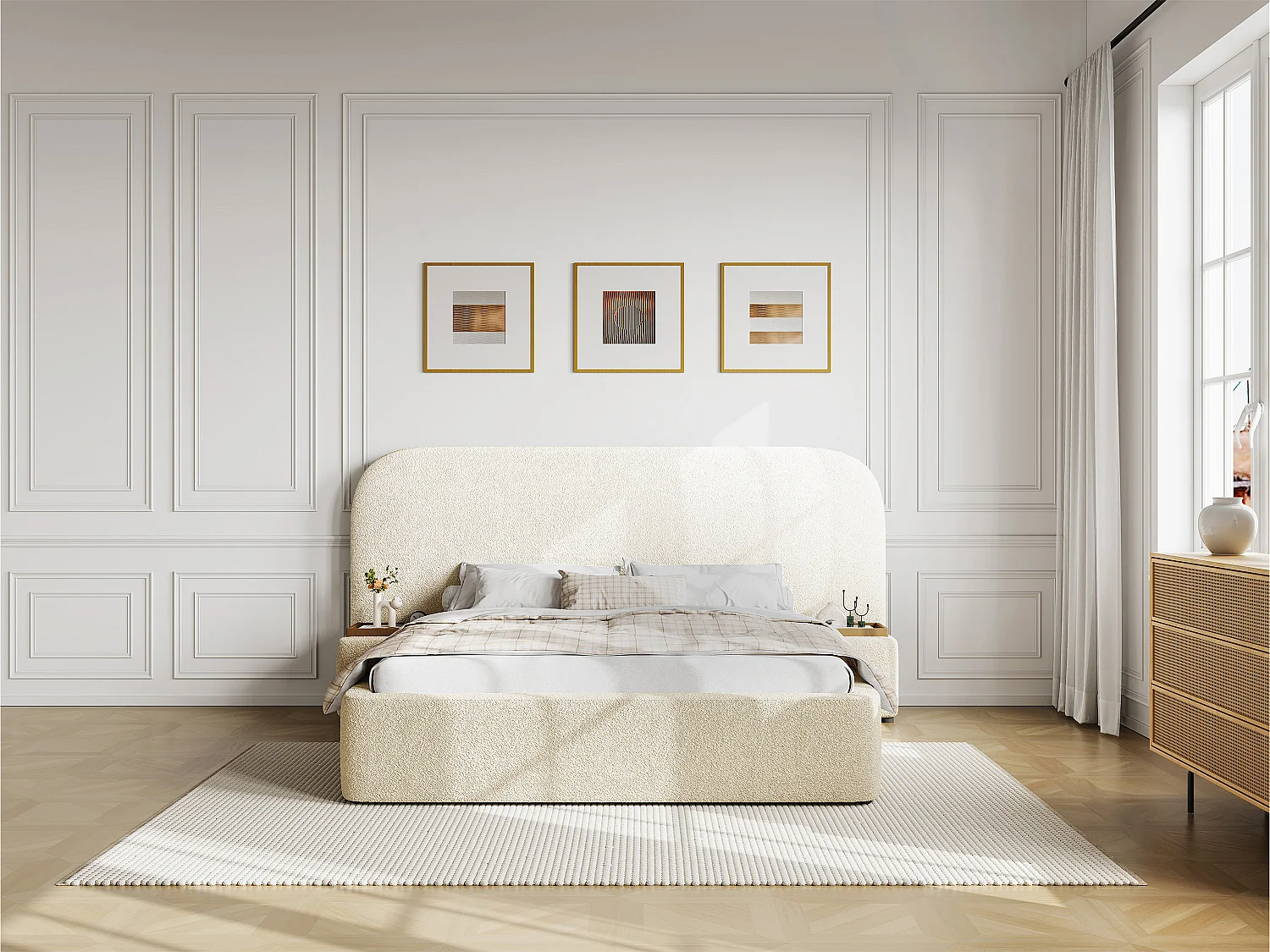 Lit coffre 180 x 200 cm avec chevets - Tissu bouclette - Blanc + Matelas - ESTERIA de Maison Céphy