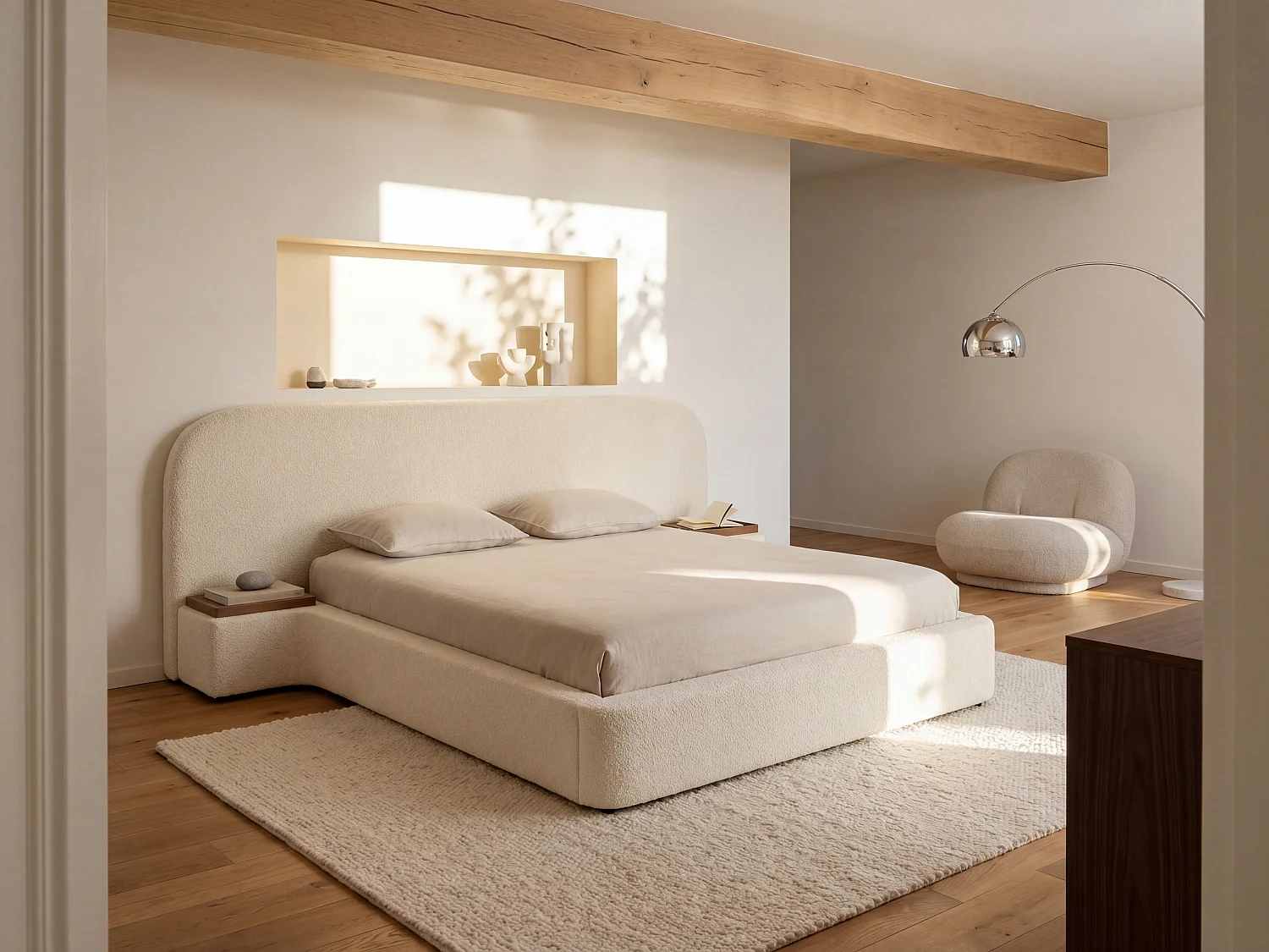 Letto con contenitore 180x200cm con comodini Tessuto bouclette Bianco + Materasso - ESTERIA della Maison Céphy