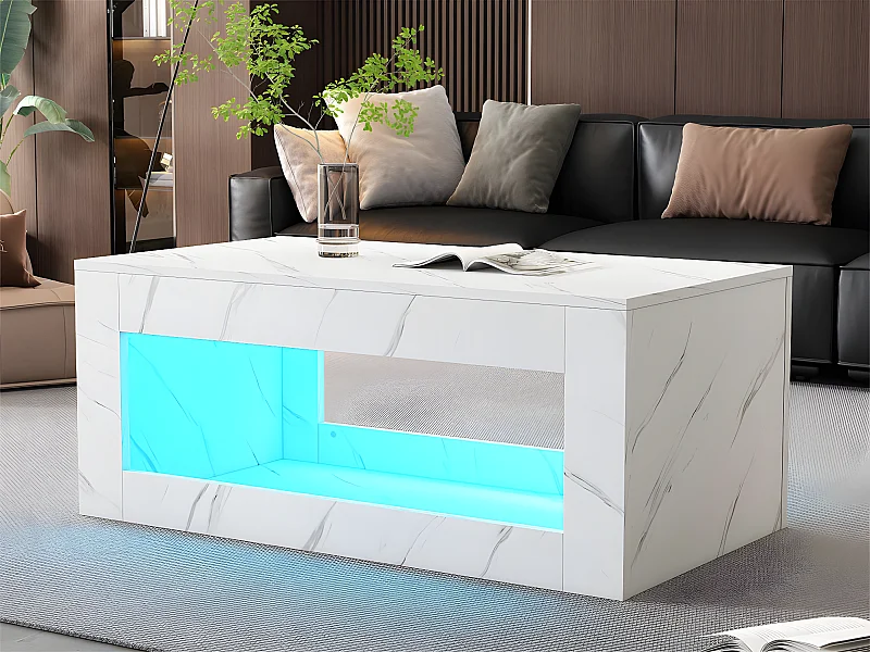 Table basse avec LED - en panneaux de particules - Blanc