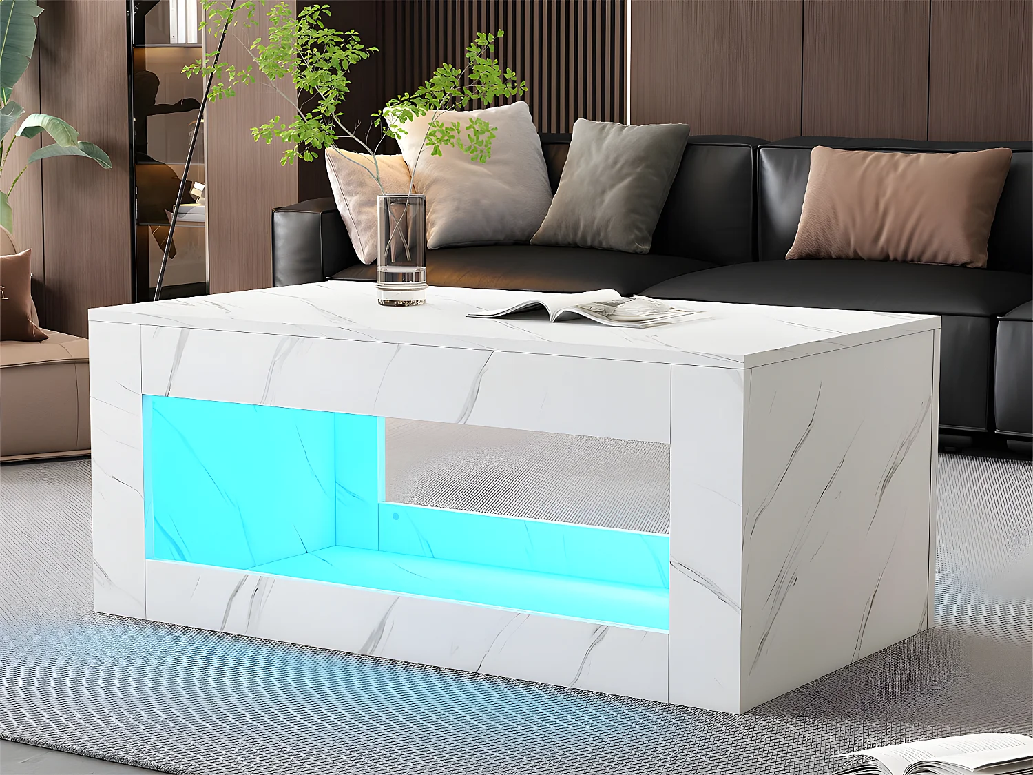 Table basse avec LED - en panneaux de particules - Blanc