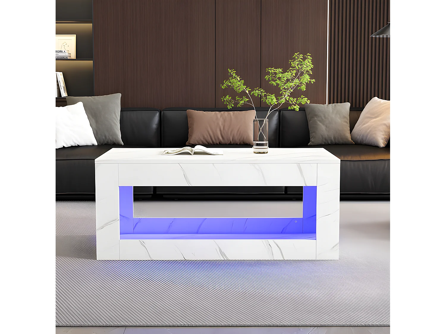Table basse avec LED - en panneaux de particules - Blanc