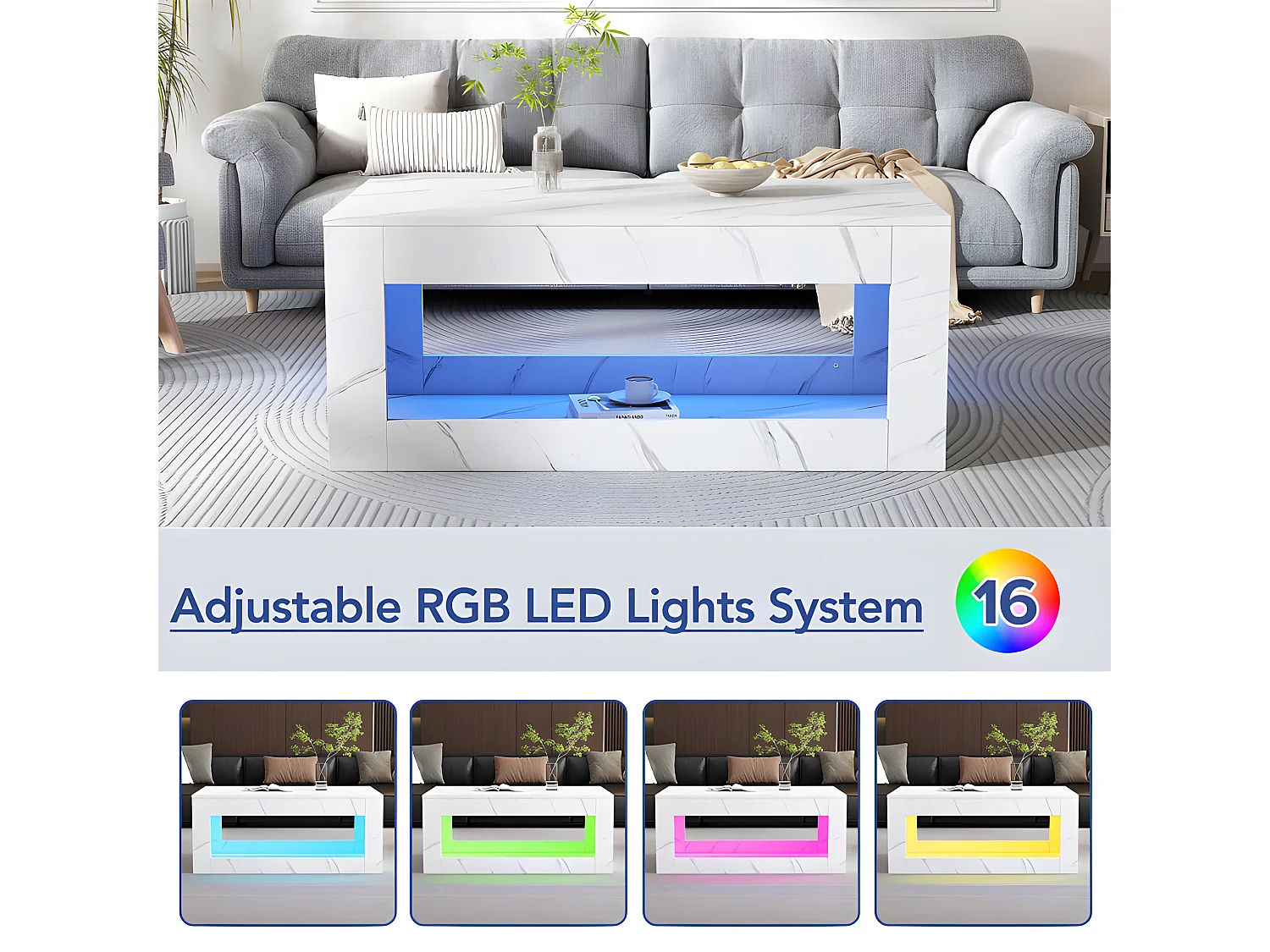 Table basse avec LED - en panneaux de particules - Blanc