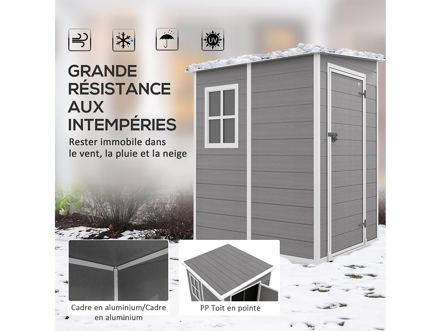 Abri de jardin cabanon 1,54 m² - porte verrouillable, fenêtre, aération - alu. PP gris