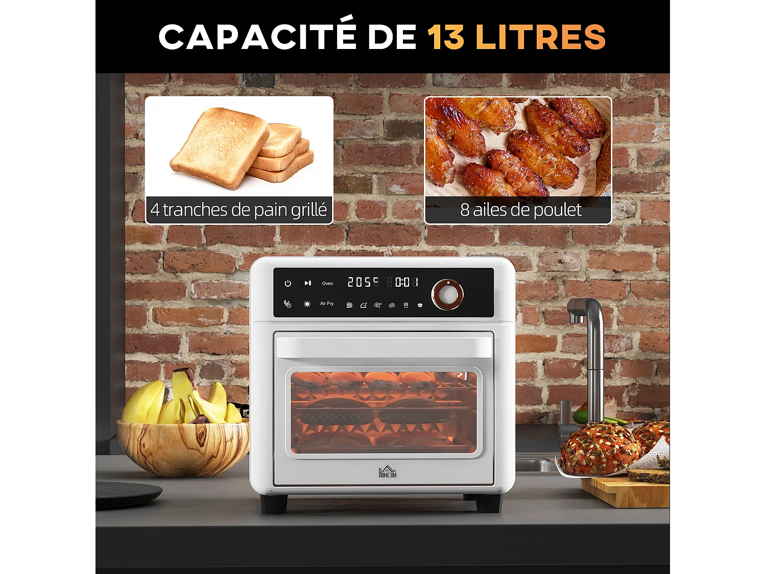 Mini four friteuse à air 2 en 1 - air fryer 1200W 13L - multifonction 12 programmes, timer - accessoires - température réglable - blanc noir