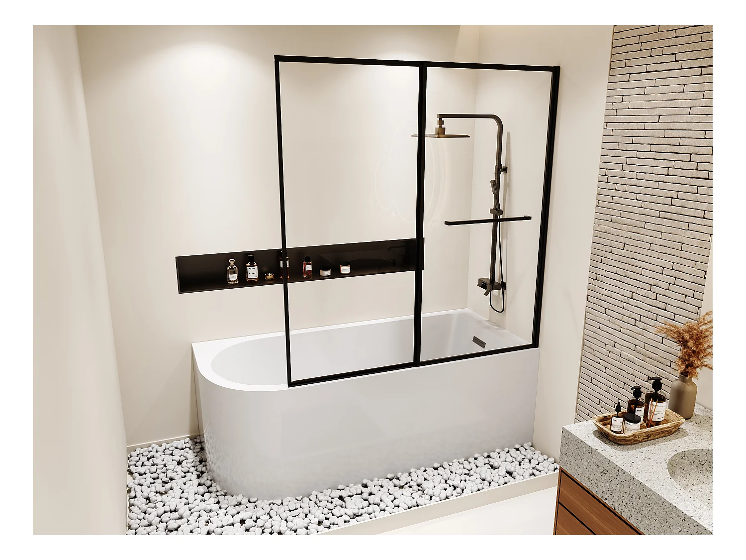 Duschbadewanne mit schiebbarer Duschtrennwand - Weiß - 240 L - Ecke rechts - ANIKA