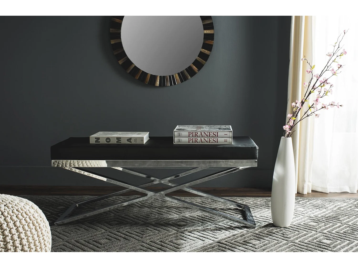 Banc & Ottomane Noir et chrome 46 X 110 X 45.72 cm - Almina