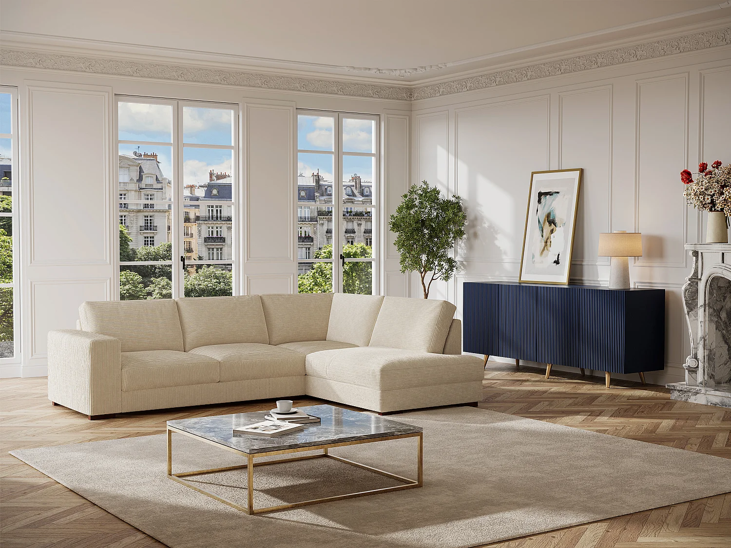 Højrevendt hjørnesofa i beige fløjl MESETA