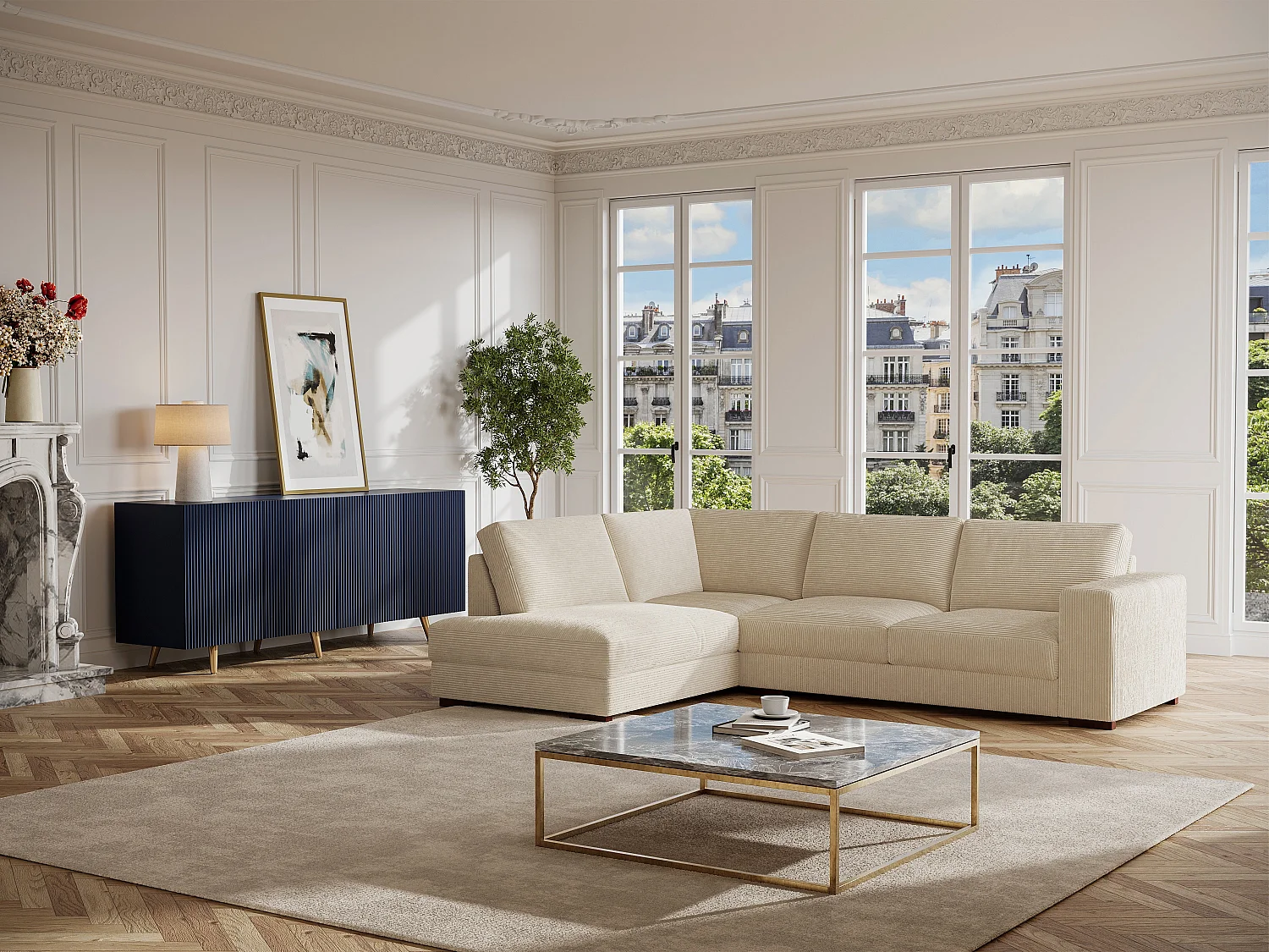 Venstre hjørne-sofa i beige fløjlsbarg MESETA