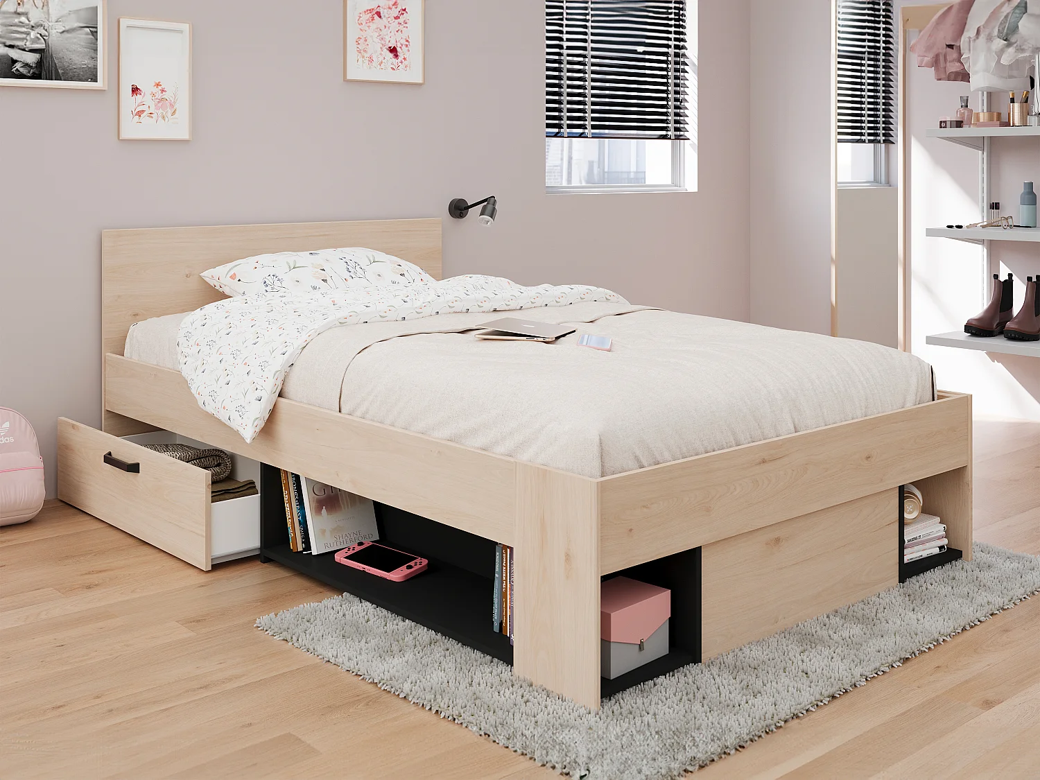 Letto 120 x 190/200 cm Con vani portaoggetti  Naturale e Nero  - KINSELIA