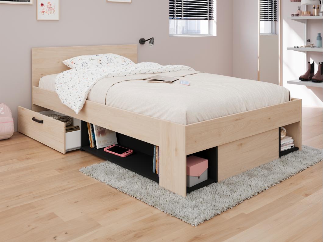 Lit 120 x 190/200 cm avec rangements - Coloris : Naturel et noir - KINSELIA