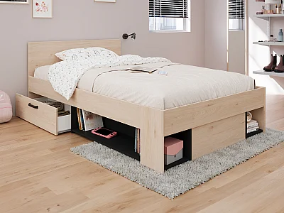 Seng 120 x 190/200 cm med opbevaring - Farve: Naturlig og sort - KINSELIA
