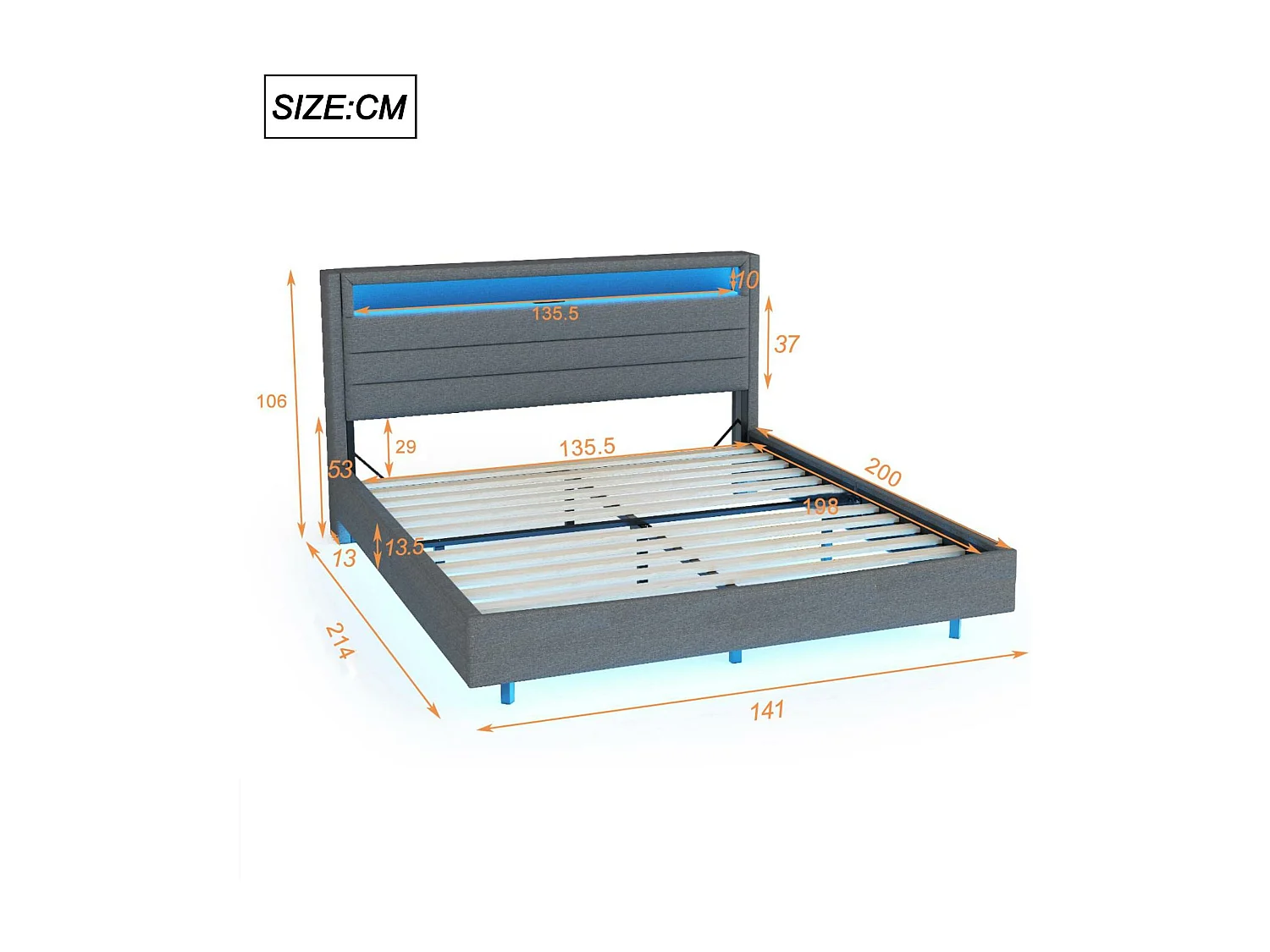 Lit capitonné 140x200 cm - avec prise USB et LED - tête de lit réversible - tissu en lin - Gris