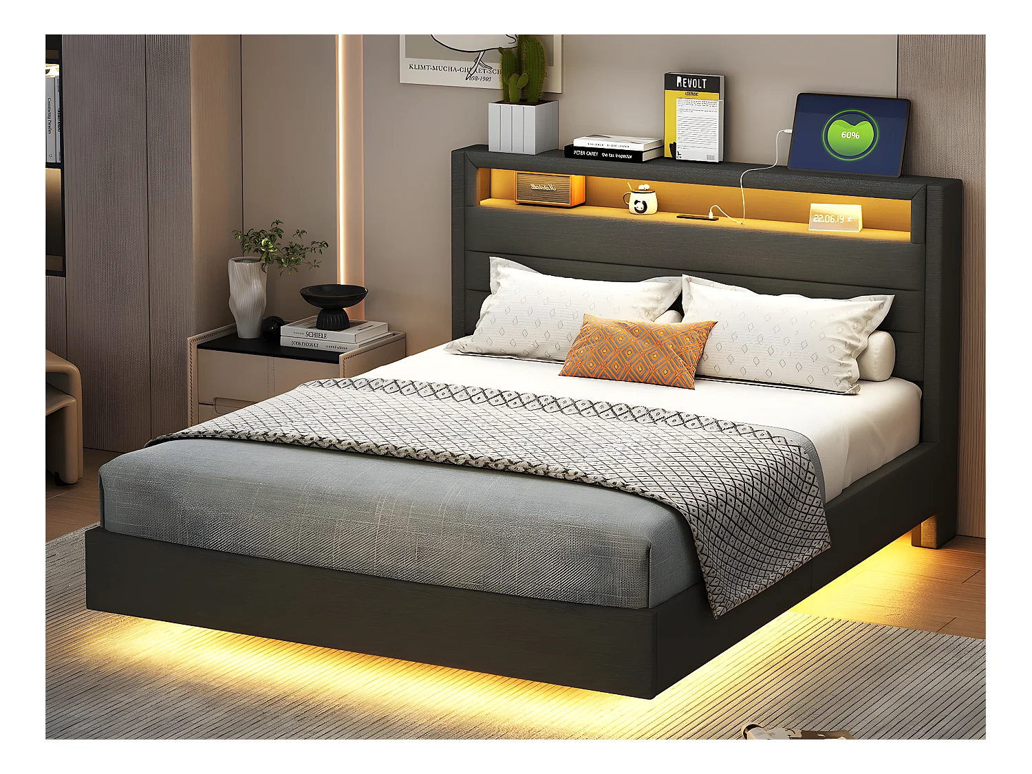 Lit capitonné 140x200 cm - avec prise USB et LED - tête de lit réversible - tissu en lin - Gris