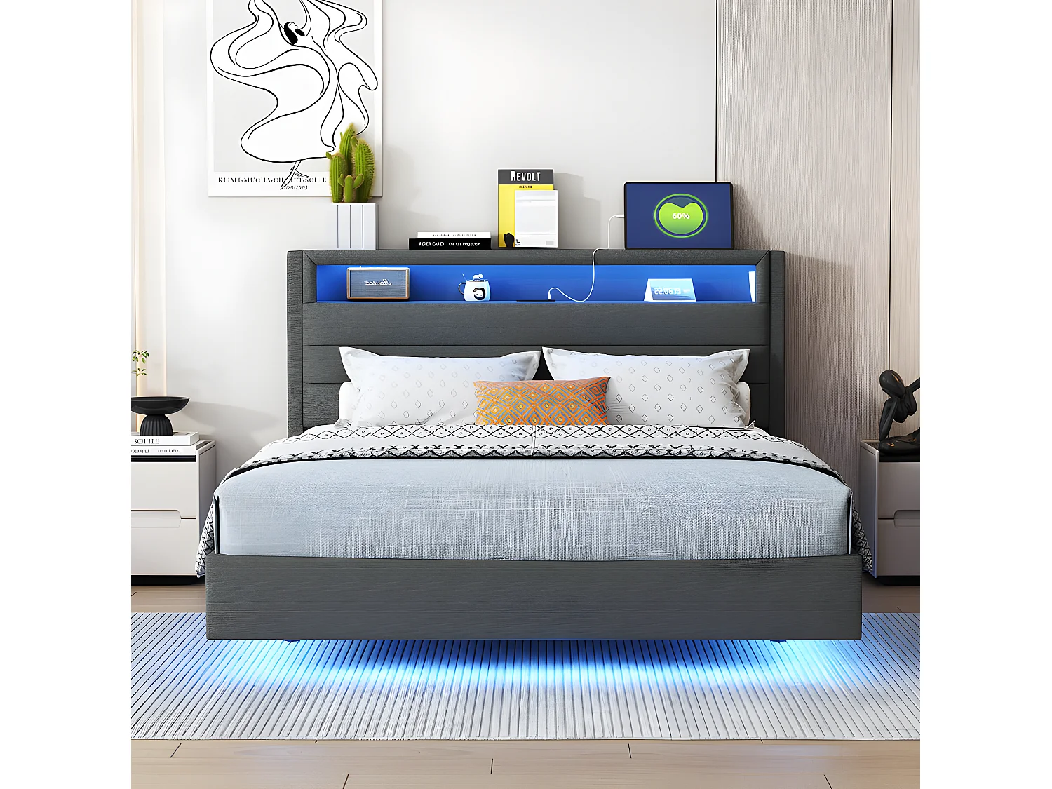 140x200cm gepolstertes Bett aus Leinenstoff – mit USB-Anschluss und LED – umkehrbares Kopfteil – Grau