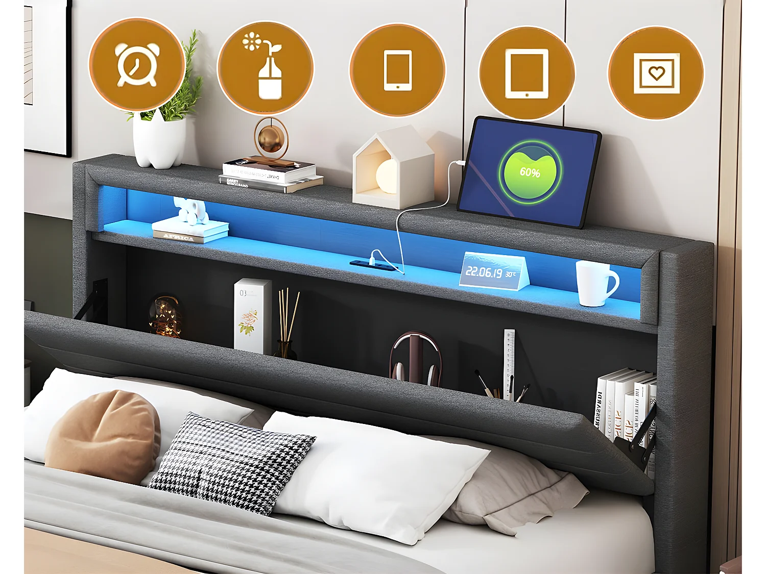 140x200cm gepolstertes Bett aus Leinenstoff – mit USB-Anschluss und LED – umkehrbares Kopfteil – Grau