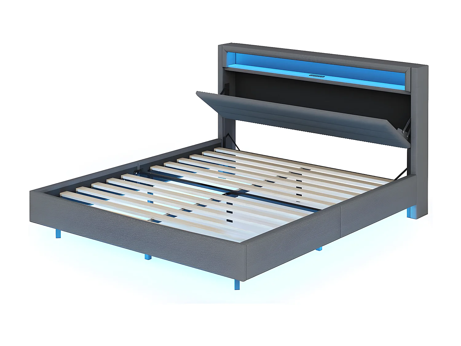 140x200cm gepolstertes Bett aus Leinenstoff – mit USB-Anschluss und LED – umkehrbares Kopfteil – Grau