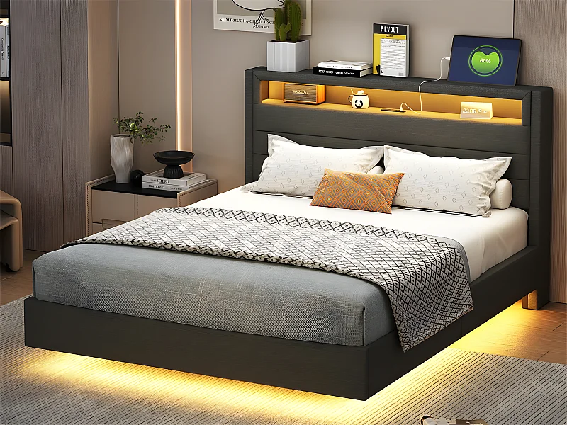 Gewatteerd bed 140x200cm in linnenstof - met USB-aansluiting en LED - omkeerbaar hoofdeinde - Grijs