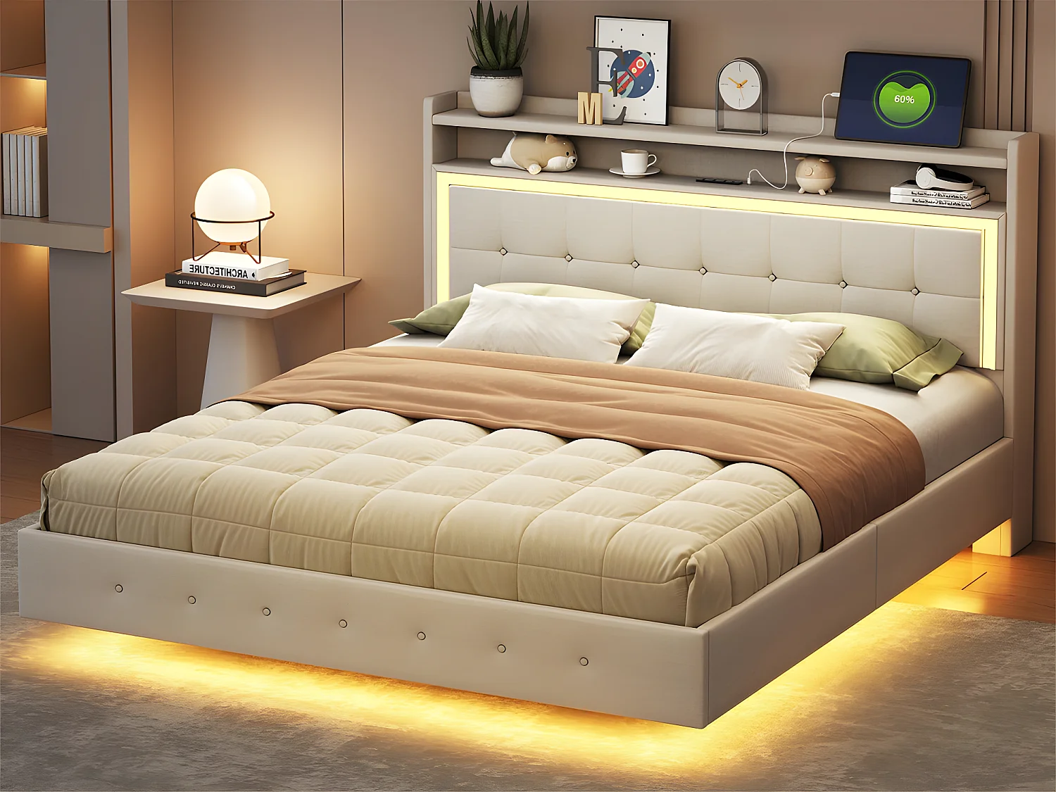 Gewatteerd bed 160x200cm in linnenstof - met USB-aansluiting en LED - Beige