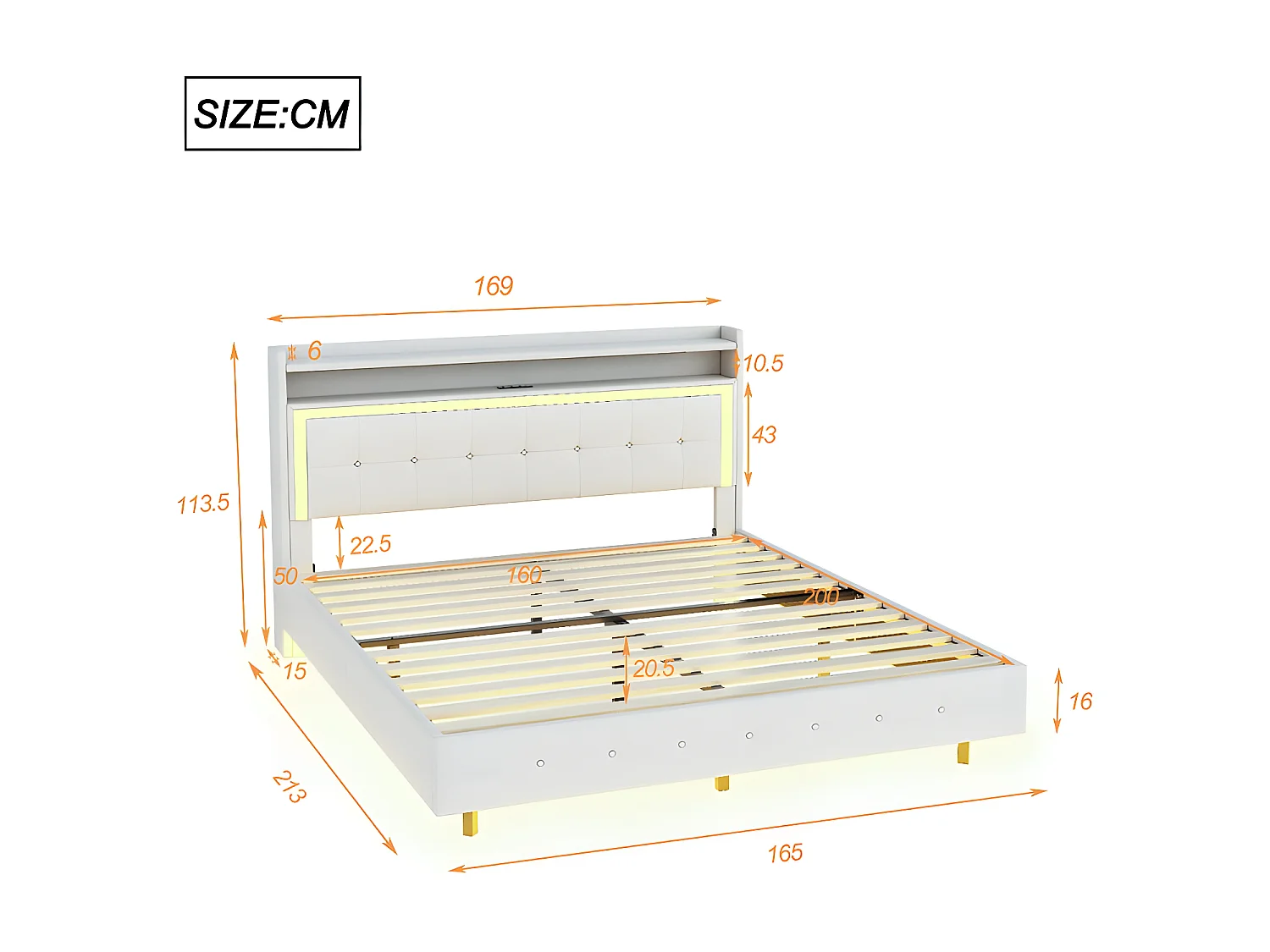 Gewatteerd bed 160x200cm in linnenstof - met USB-aansluiting en LED - Beige