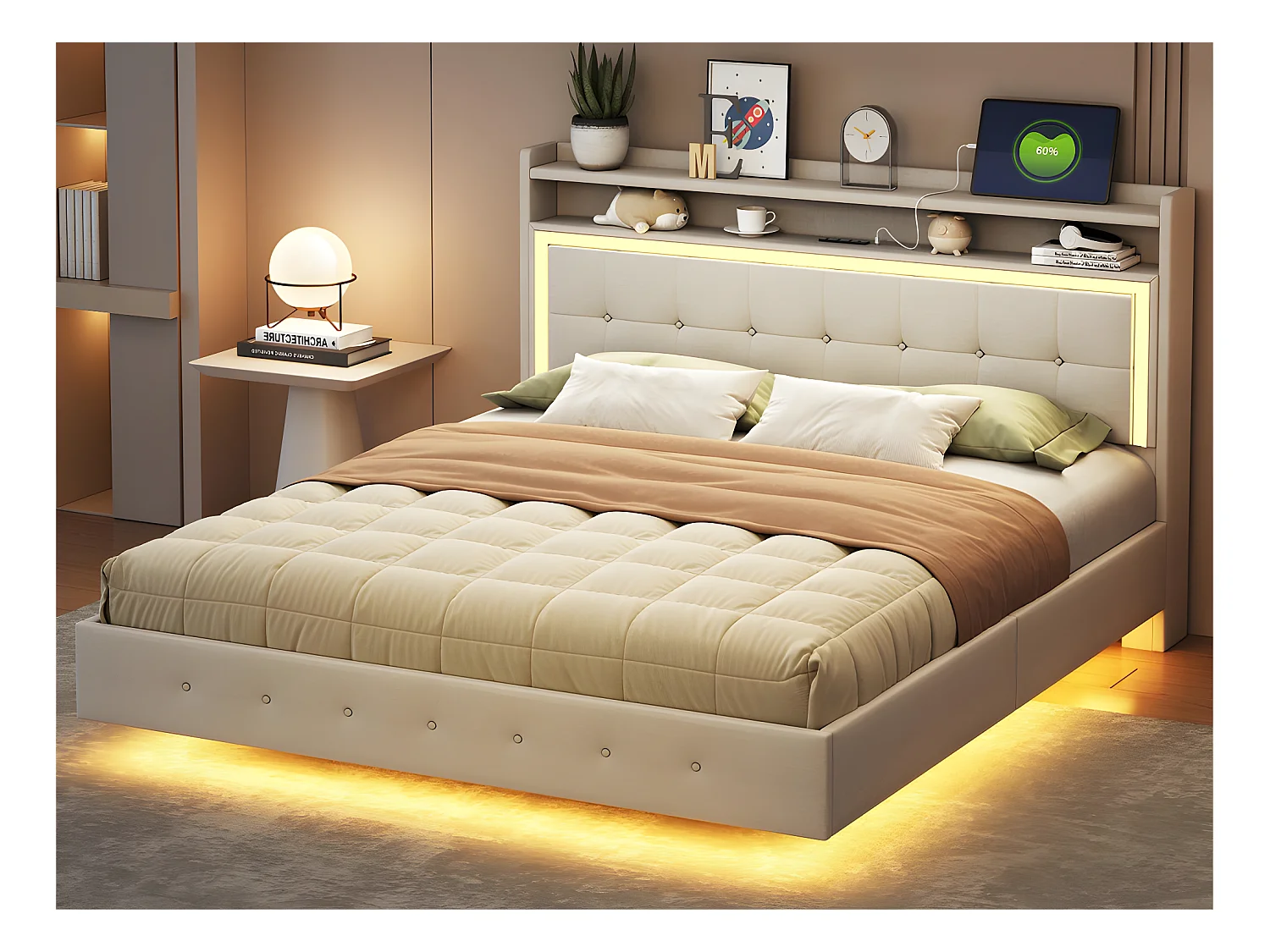 Lit capitonné 160x200cm - avec prise USB et LED - tissu en lin - Beige