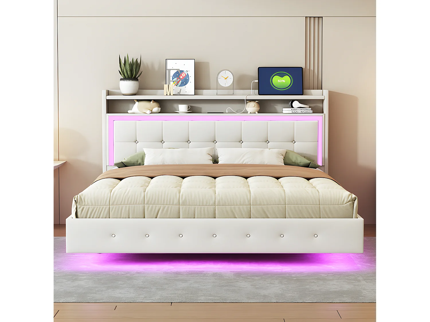 Gewatteerd bed 160x200cm in linnenstof - met USB-aansluiting en LED - Beige