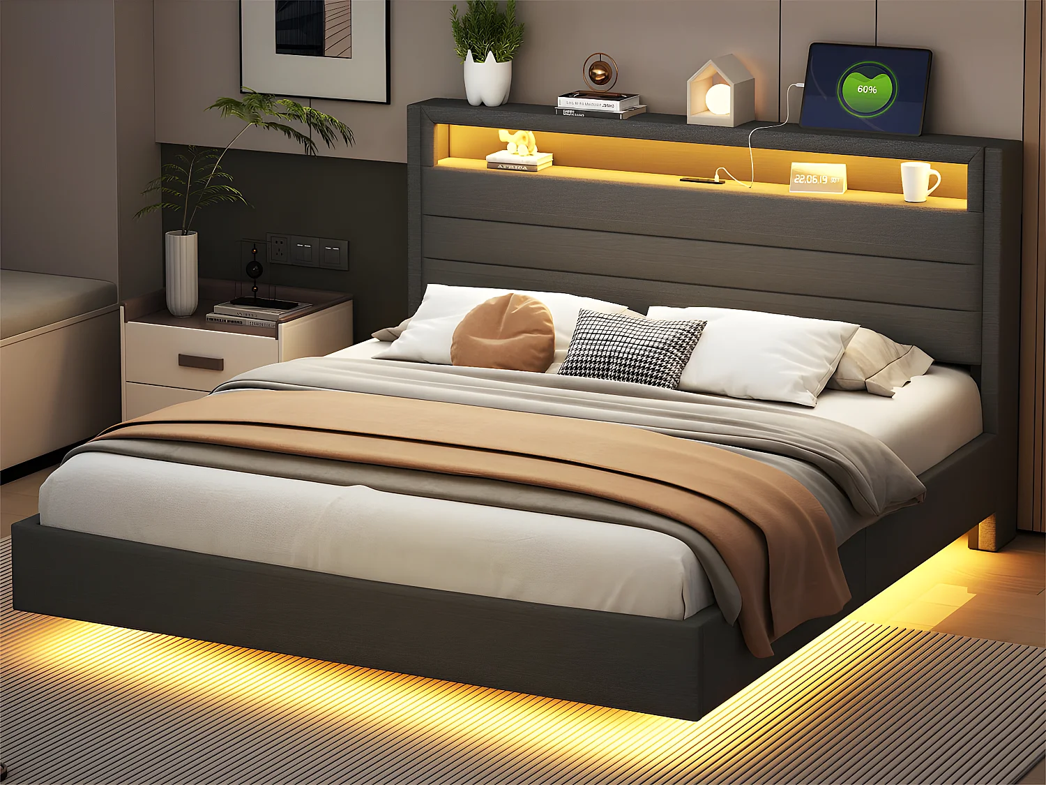 160x200cm gepolstertes Bett aus Leinenstoff – mit USB-Anschluss und LED – umkehrbares Kopfteil – Grau