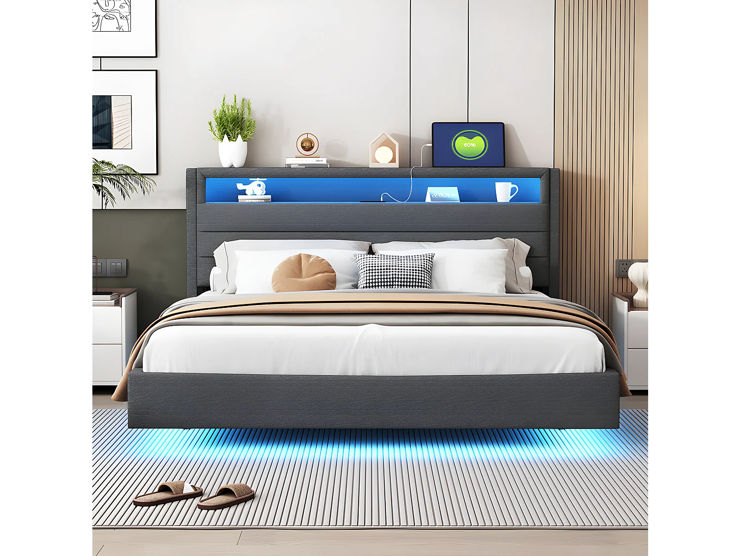 160x200cm gepolstertes Bett aus Leinenstoff – mit USB-Anschluss und LED – umkehrbares Kopfteil – Grau