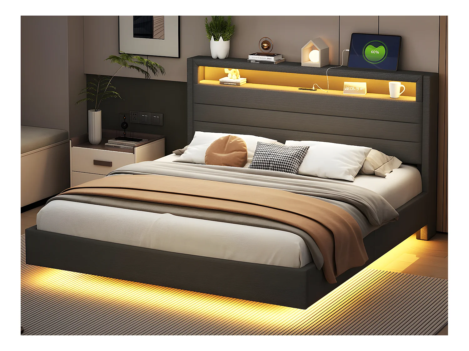 Lit capitonné 160x200 cm - avec prise USB et LED - tête de lit réversible - tissu en lin - Gris