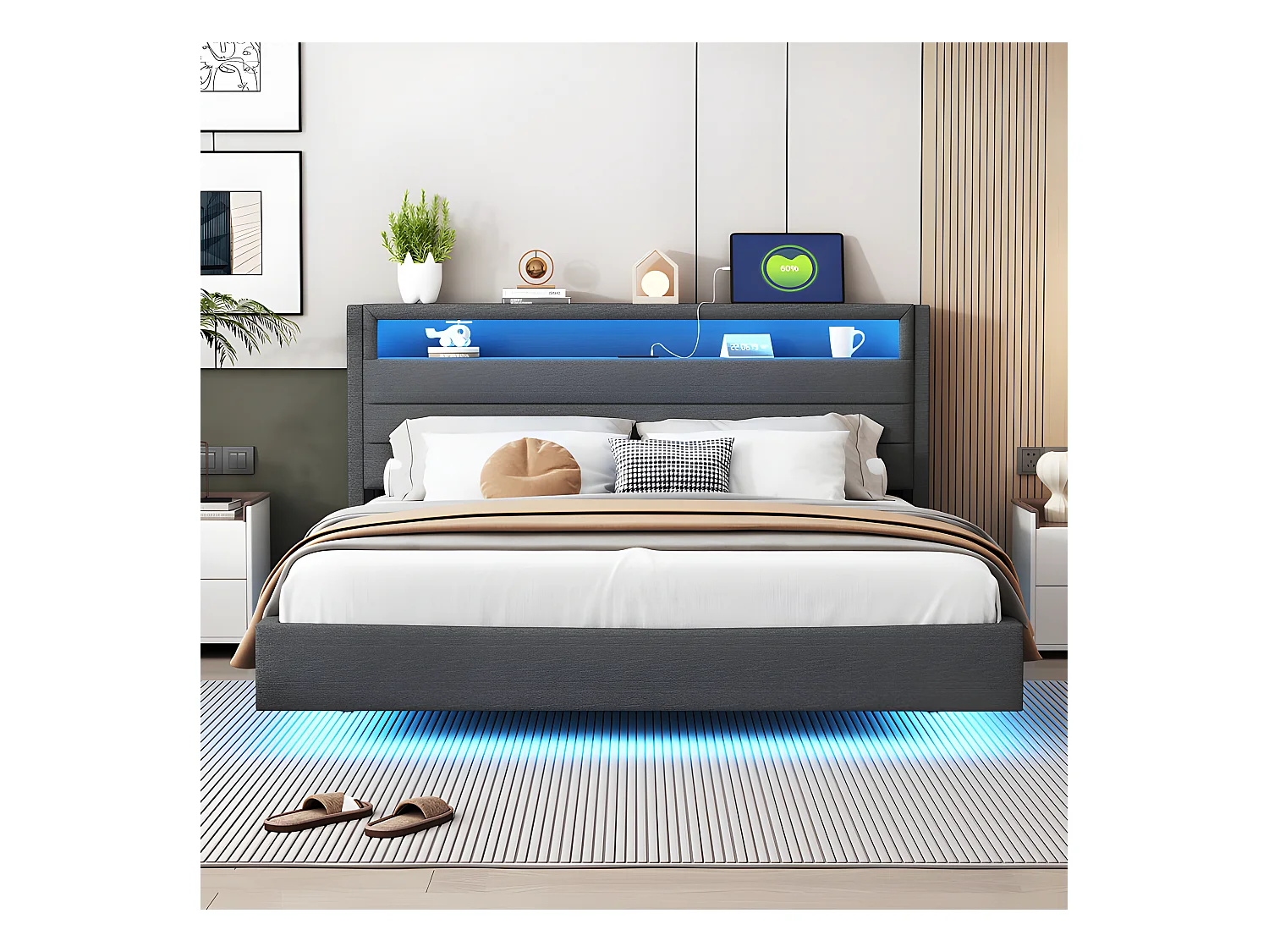 Gewatteerd bed 160x200cm in linnenstof - met USB-aansluiting en LED - omkeerbaar hoofdeinde - Grijs