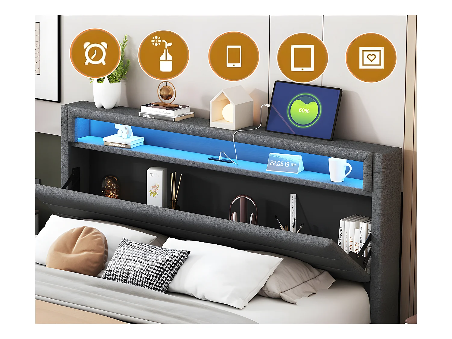 Gewatteerd bed 160x200cm in linnenstof - met USB-aansluiting en LED - omkeerbaar hoofdeinde - Grijs