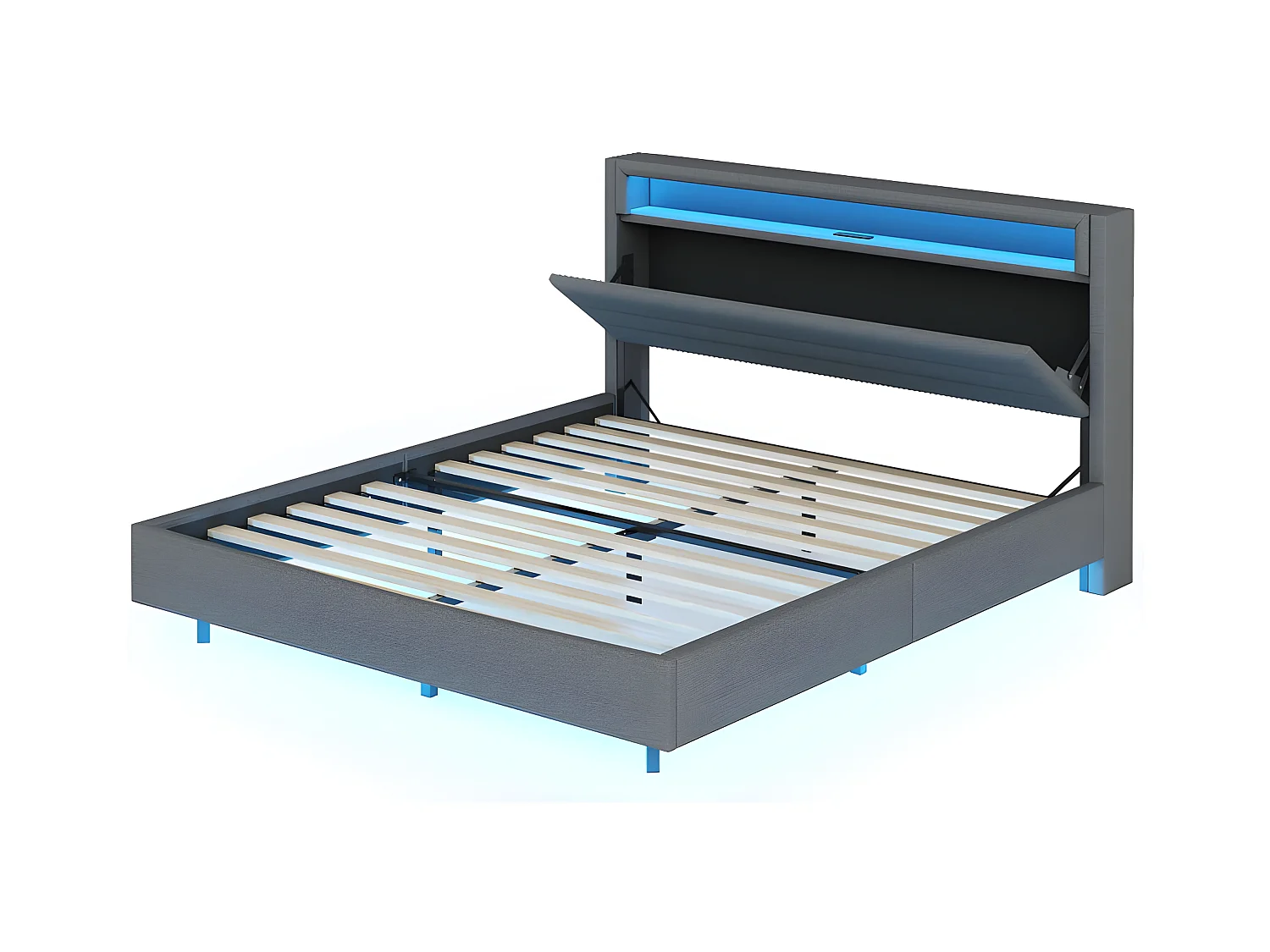 Gewatteerd bed 160x200cm in linnenstof - met USB-aansluiting en LED - omkeerbaar hoofdeinde - Grijs