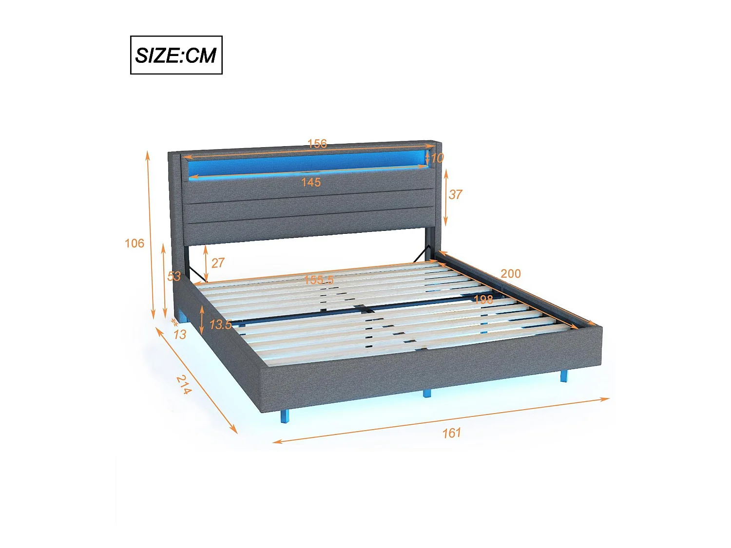 Gewatteerd bed 160x200cm in linnenstof - met USB-aansluiting en LED - omkeerbaar hoofdeinde - Grijs