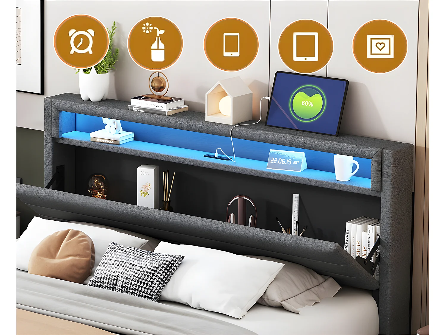 Lit capitonné 160x200 cm - avec prise USB et LED - tête de lit réversible - tissu en lin - Gris