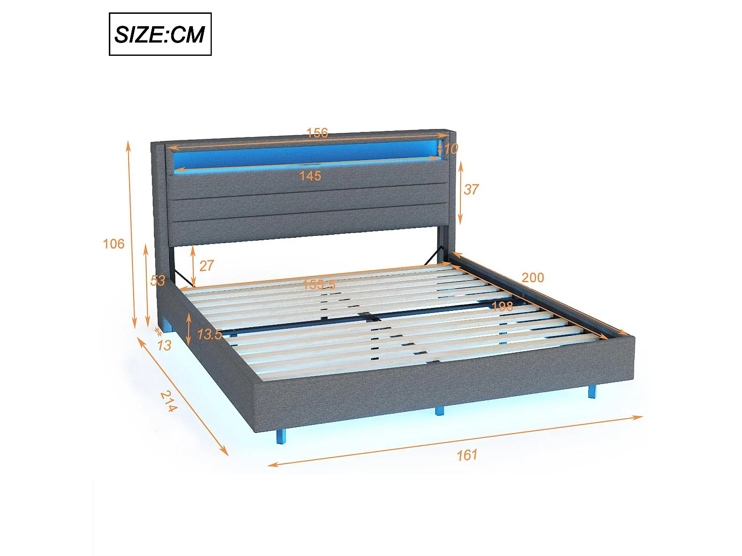 Lit capitonné 160x200 cm - avec prise USB et LED - tête de lit réversible - tissu en lin - Gris