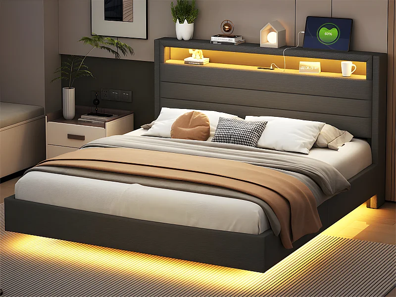 Gewatteerd bed 160x200cm in linnenstof - met USB-aansluiting en LED - omkeerbaar hoofdeinde - Grijs
