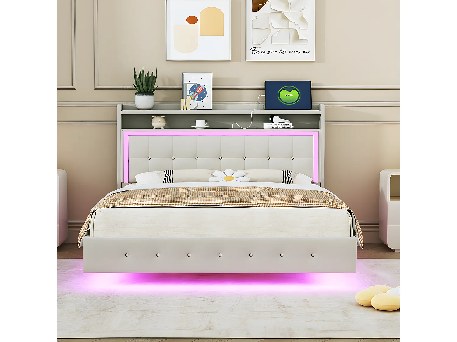 Gewatteerd bed 140x200cm in linnenstof - met USB en LED-aansluiting - Beige